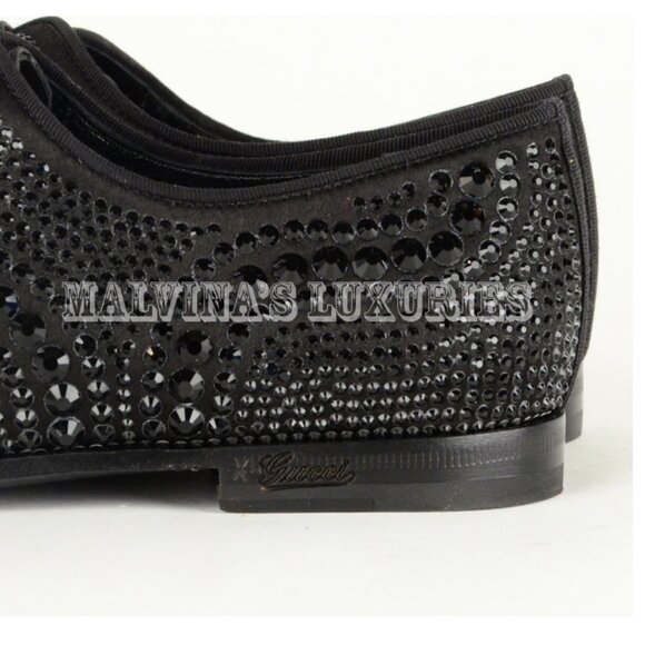 GUCCI SHOES BLACK LACE-UP LOAFERS SATIN WITH BLACK CRYSTALS sz 36.5 6.5 - Picture 11 of 12